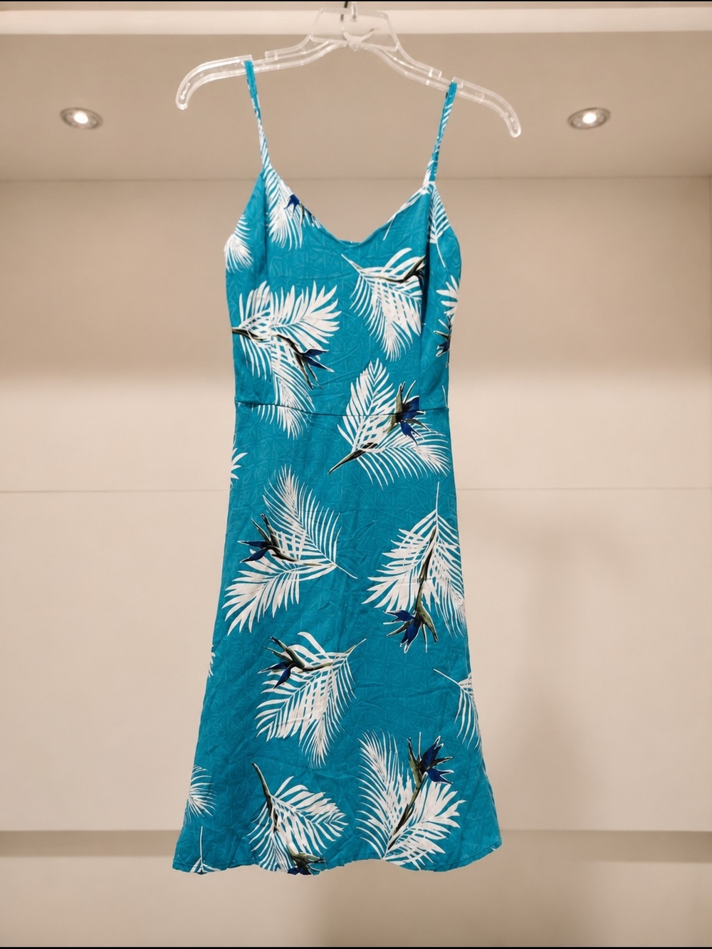 Teal Tropical Leaf Print Strappy Mini Dress